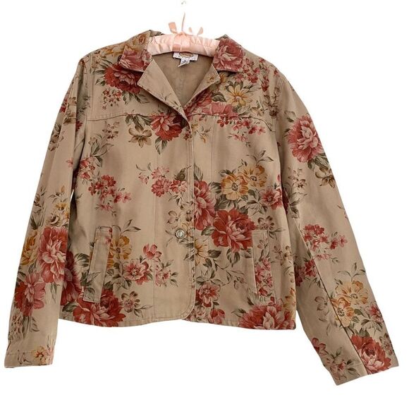 Talbots Petites Cottagecore Floral Khaki + Rust Denim Style Jacket Country Chic - Picture 1 of 7